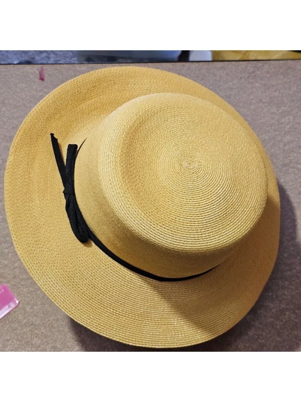 Ladies Vintage Boater Hat Union Made USA Size 22 Straw Black Ribbon Trim